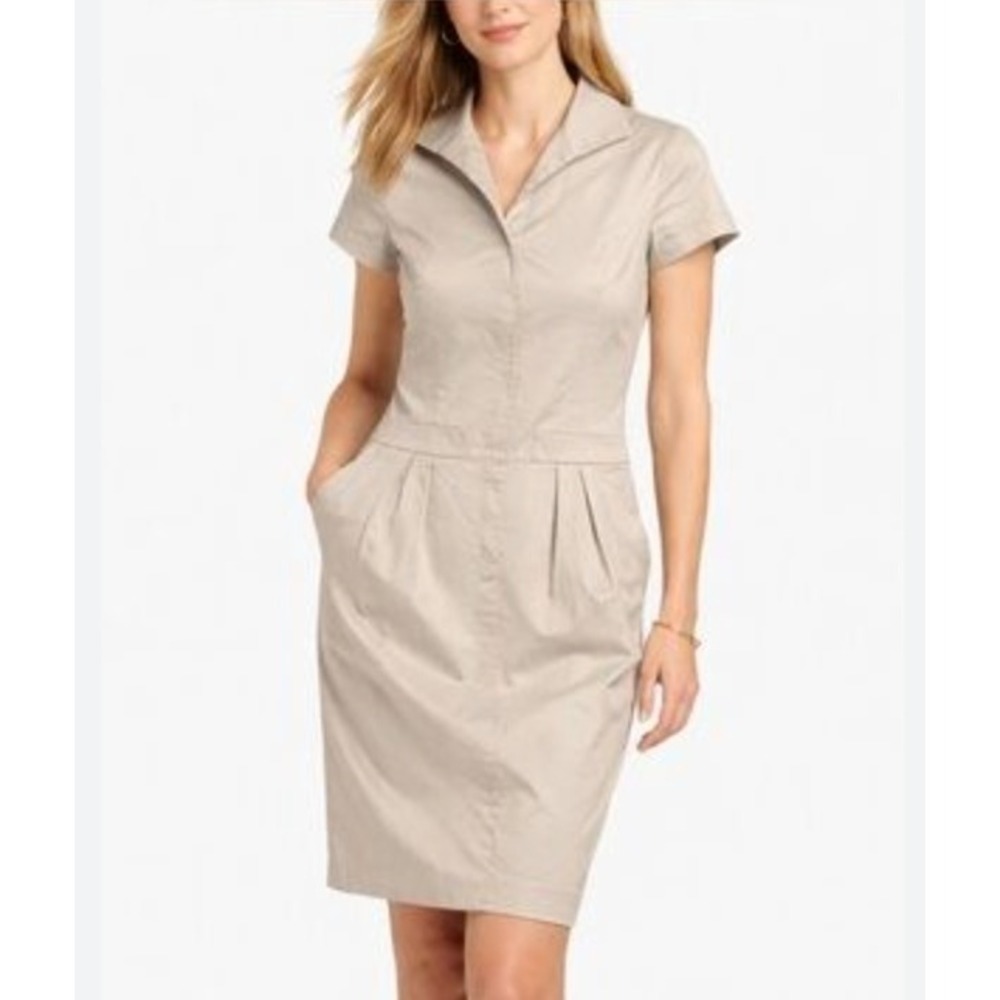 Lafayette 148 New York Beige Collared Short Sleeve Sheath Dress Size 6 Pockets